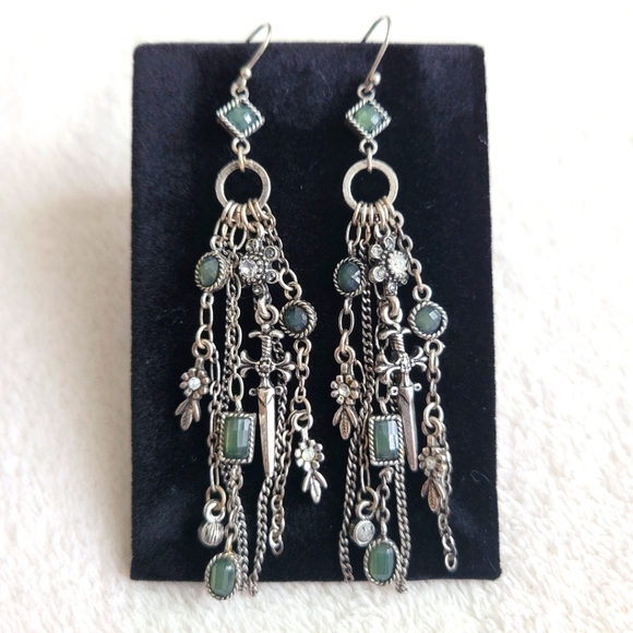 Silvertone 3.5" Dangle Earrings | green stones, sword, flowers, rhinestones EUC - Picture 5 of 10